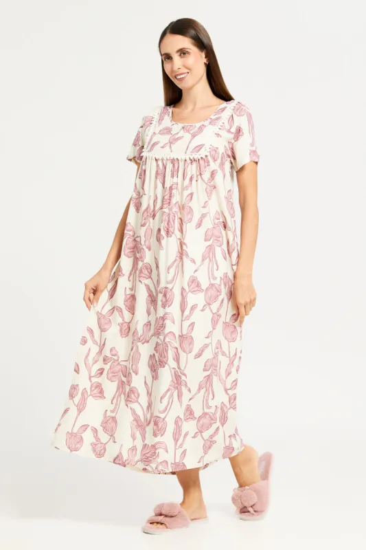 Women Ivory Printed Nightgown sold by Redtag