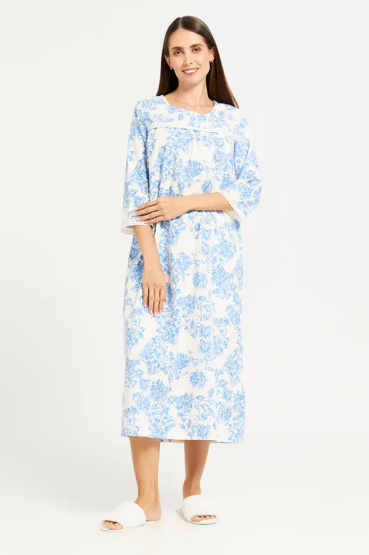 Women White And Blue Printed Nightgown sold by Redtag