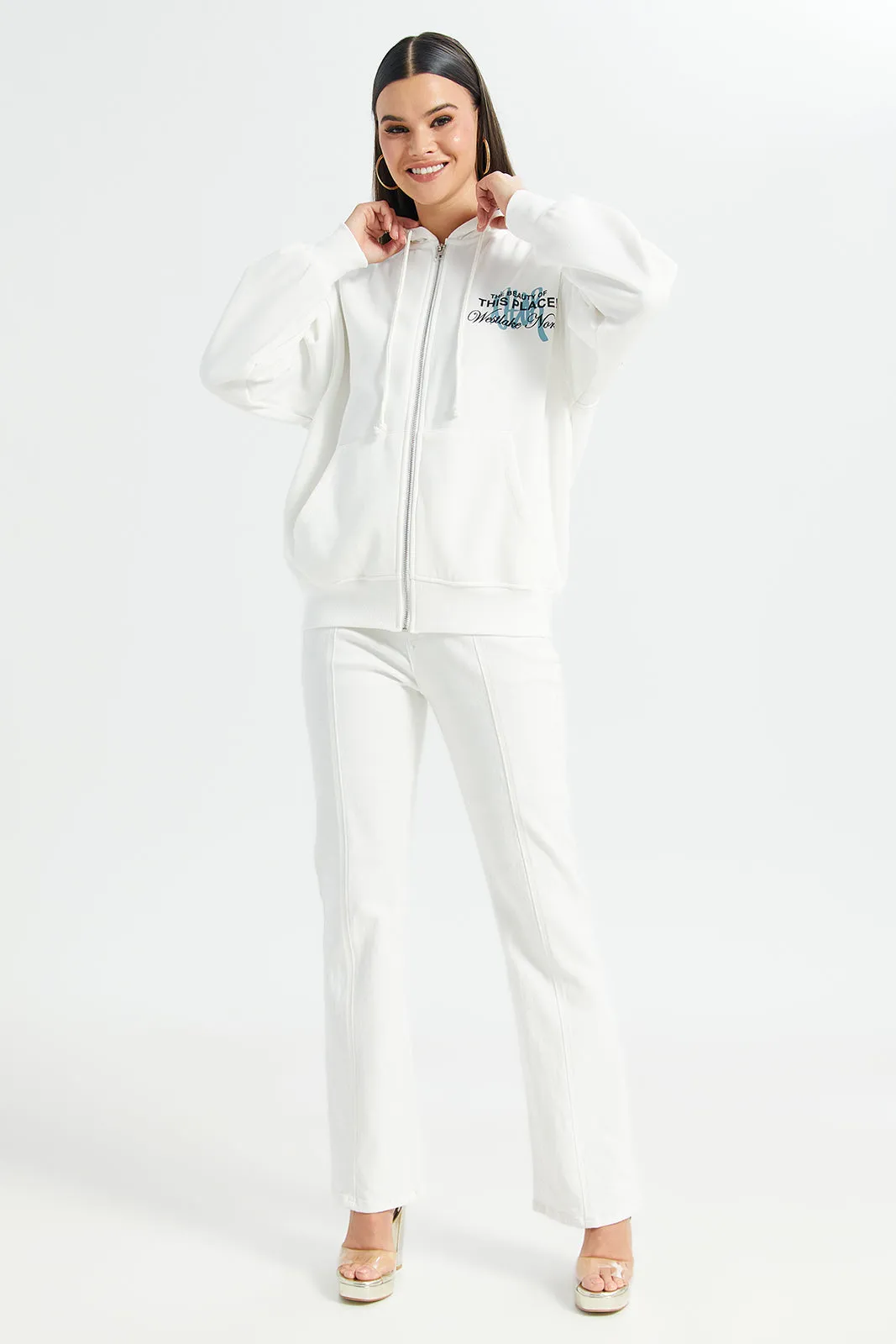 Women Cream Printed Zip Through Hooded Sweatshirts sold by Redtag product image thumbnail 2