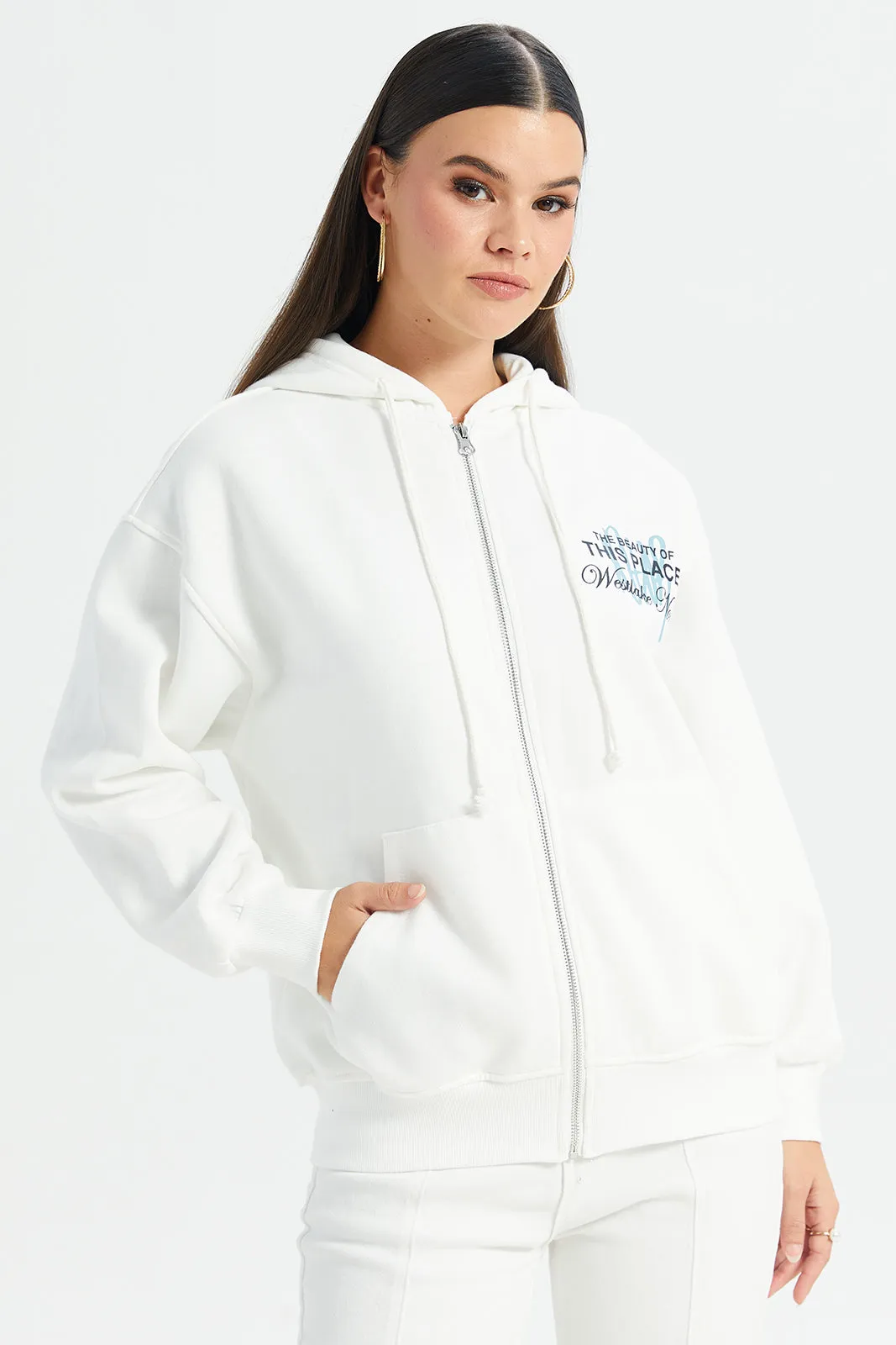 Women Cream Printed Zip Through Hooded Sweatshirts sold by Redtag