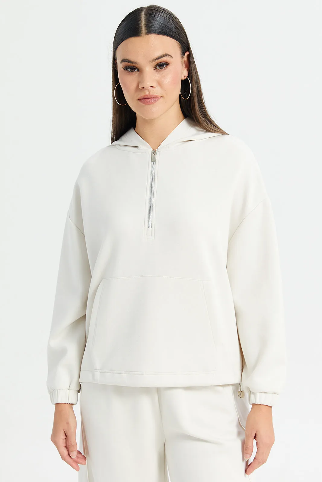 Women Ivory Hooded Sweatshirt With Puller Detail sold by Redtag