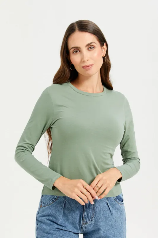 Women Green Long Sleeve Basic T-Shirt sold by Redtag