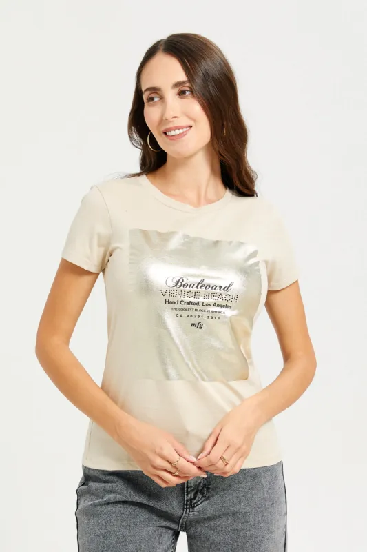 Women Beige Foil Printed T-Shirt sold by Redtag