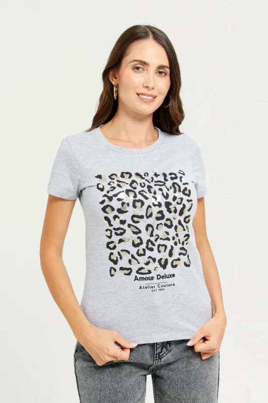 Women Grey Foil Printed T-Shirt sold by Redtag