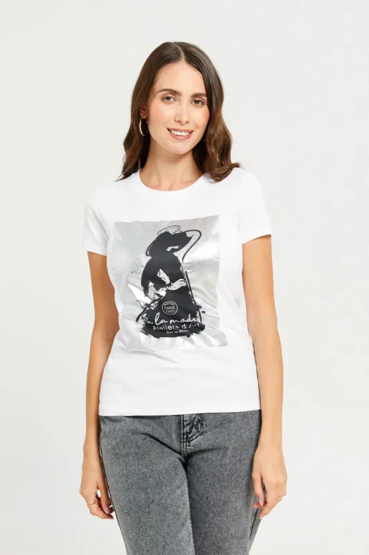 Women White Foil Printed T-Shirt sold by Redtag