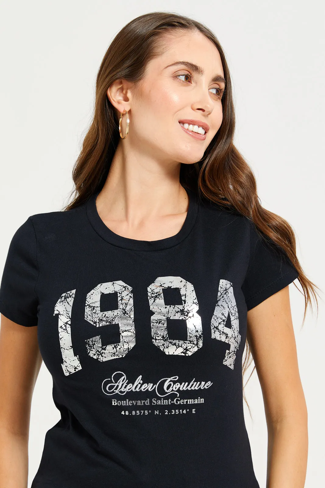 Women Black Foil Printed T-Shirt sold by Redtag product image thumbnail 4