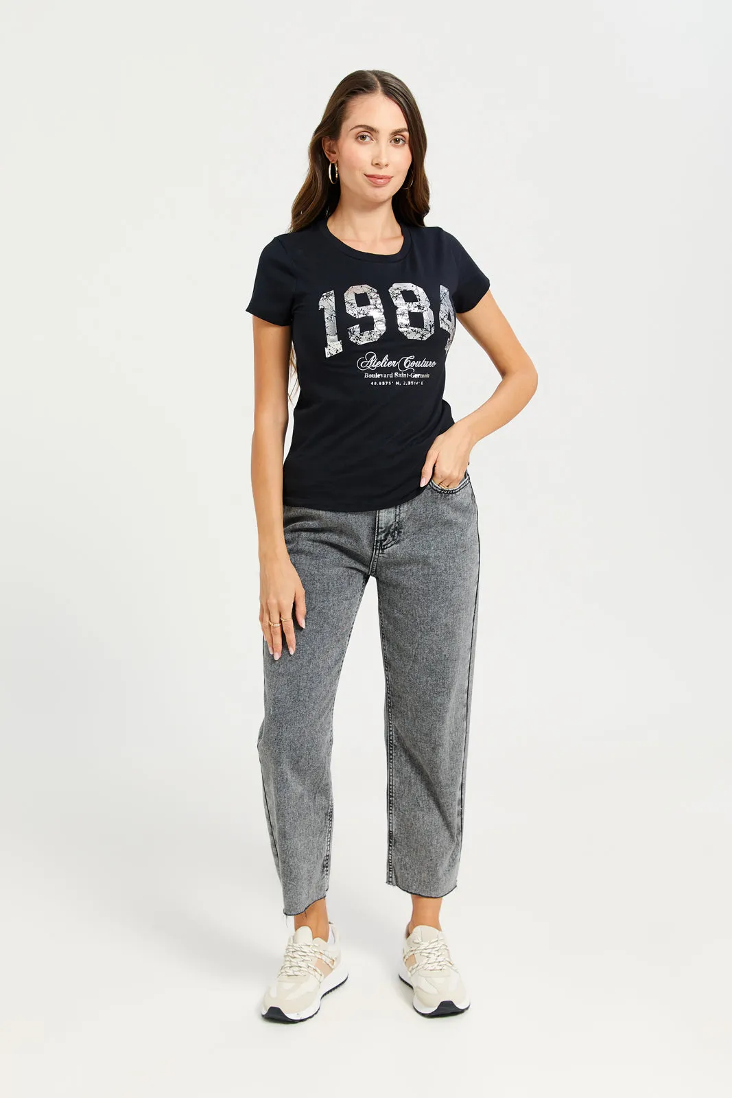 Women Black Foil Printed T-Shirt sold by Redtag product image thumbnail 2