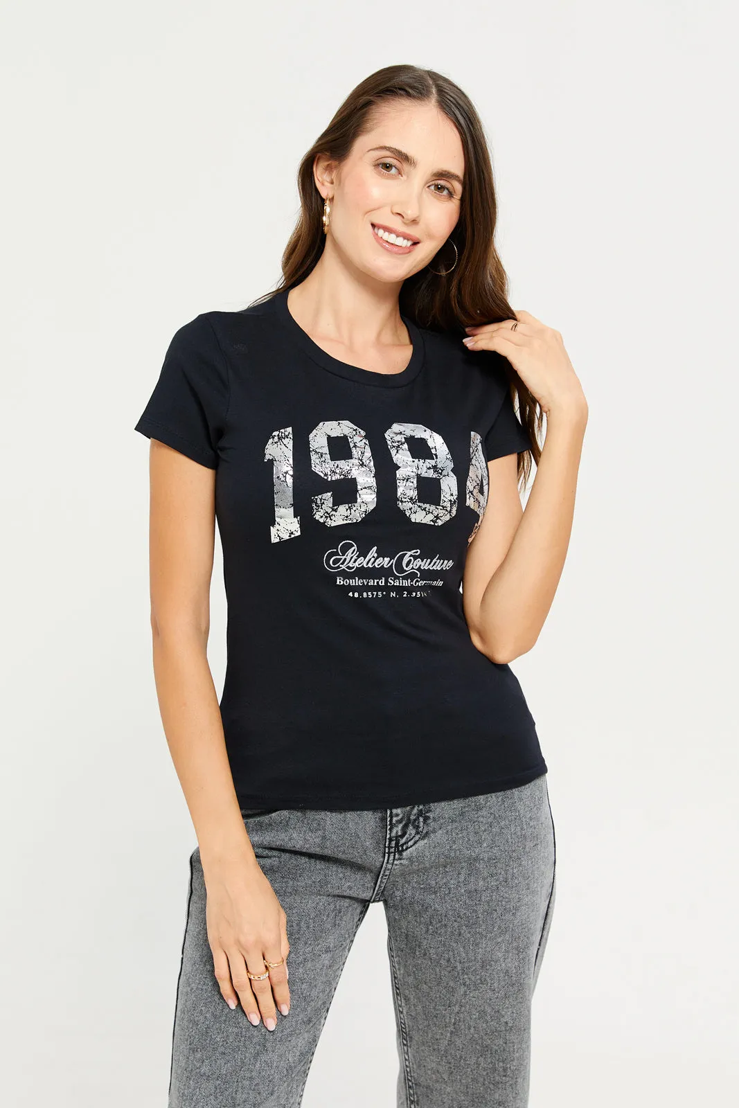 Women Black Foil Printed T-Shirt sold by Redtag