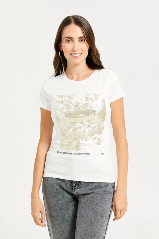 Women Ivory Foil Printed T-Shirt sold by Redtag