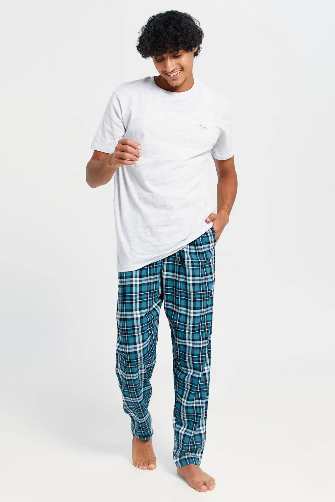 Men Grey And Blue Checkered Pyjama Set (2 Piece) sold by Redtag