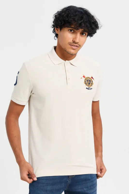 Men Beige Embroidered Polo Shirt sold by Redtag