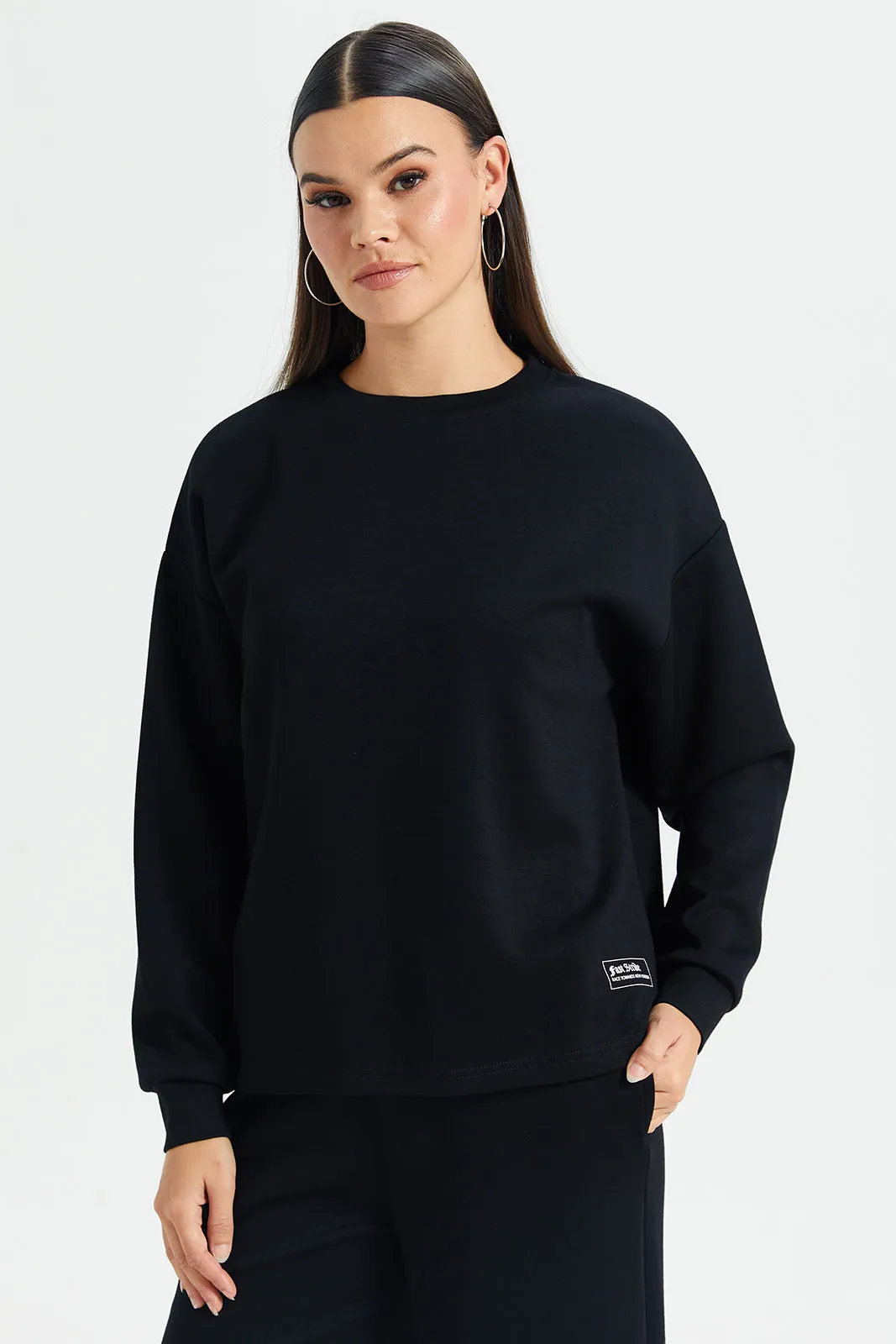 Women Black Drop Shoulder Printed Sweatshirt sold by Redtag