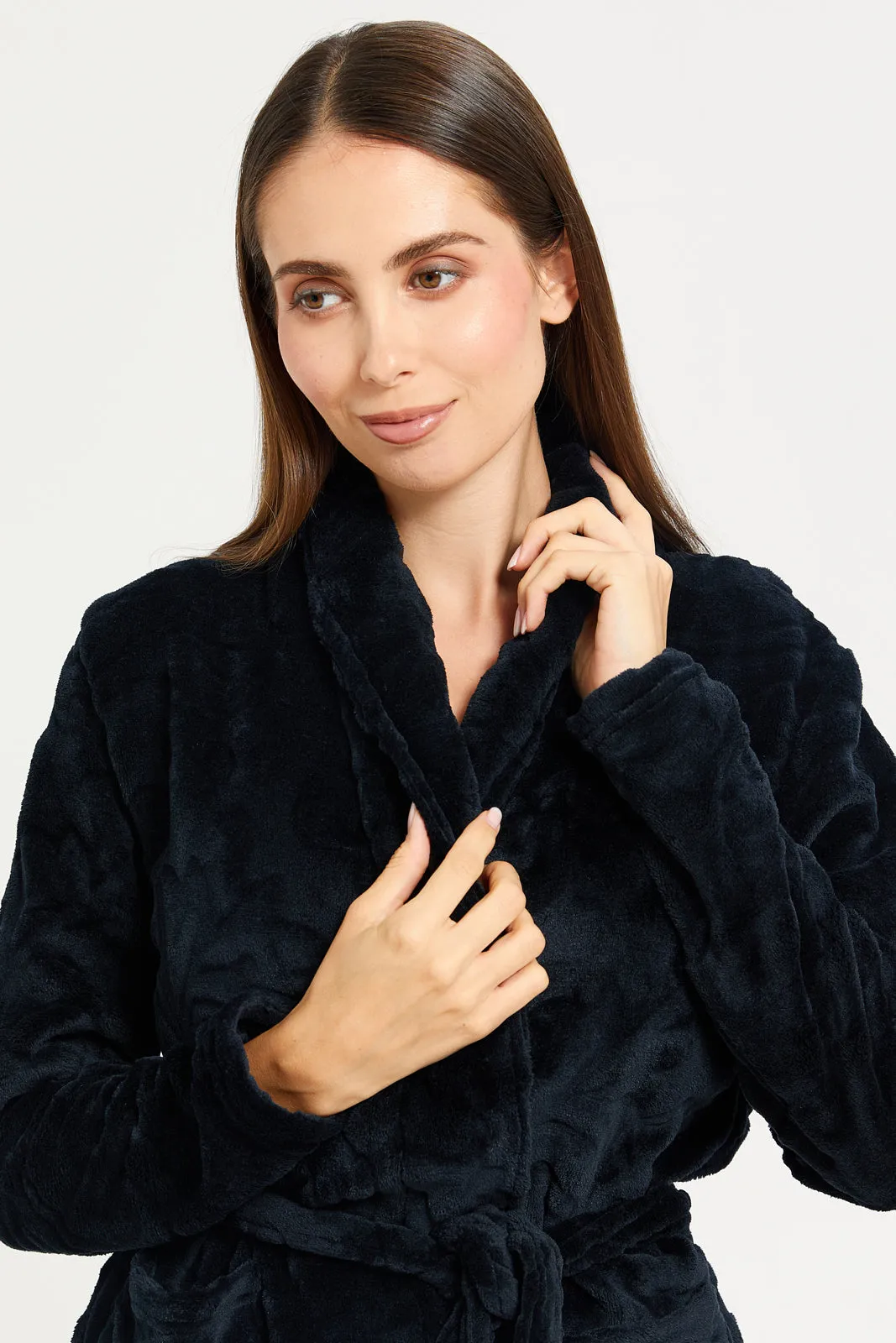 Women Black Jacquard Fur Robe With Drawstring Waist sold by Redtag product image thumbnail 4