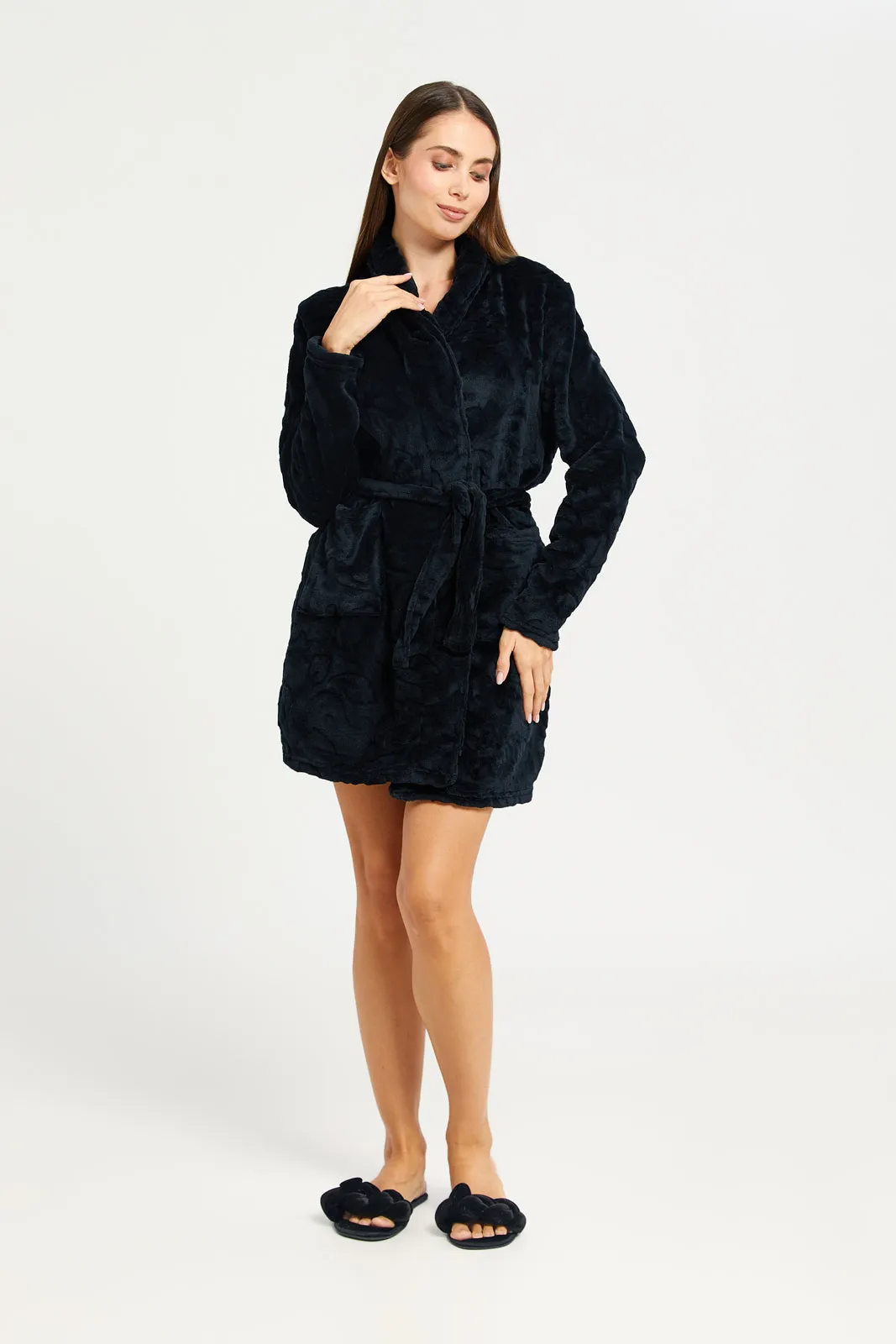 Women Black Jacquard Fur Robe With Drawstring Waist sold by Redtag product image thumbnail 2