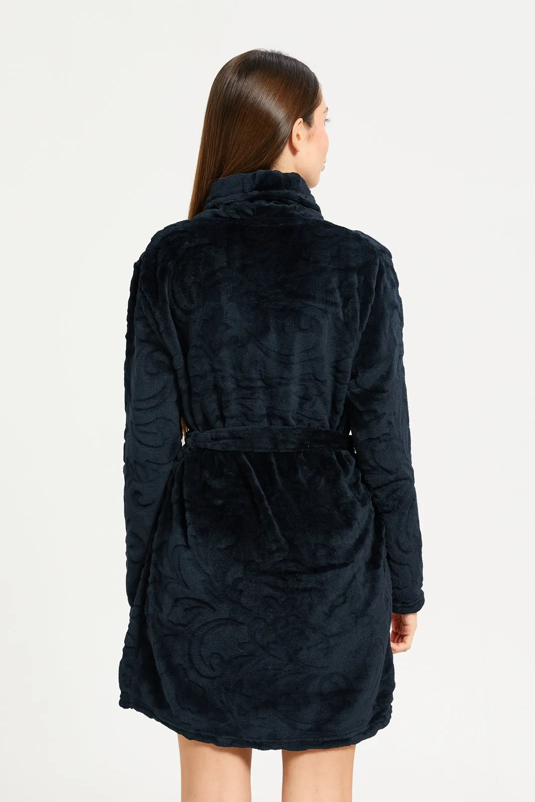 Women Black Jacquard Fur Robe With Drawstring Waist sold by Redtag product image thumbnail 3