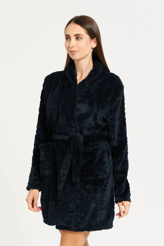 Women Black Jacquard Fur Robe With Drawstring Waist sold by Redtag