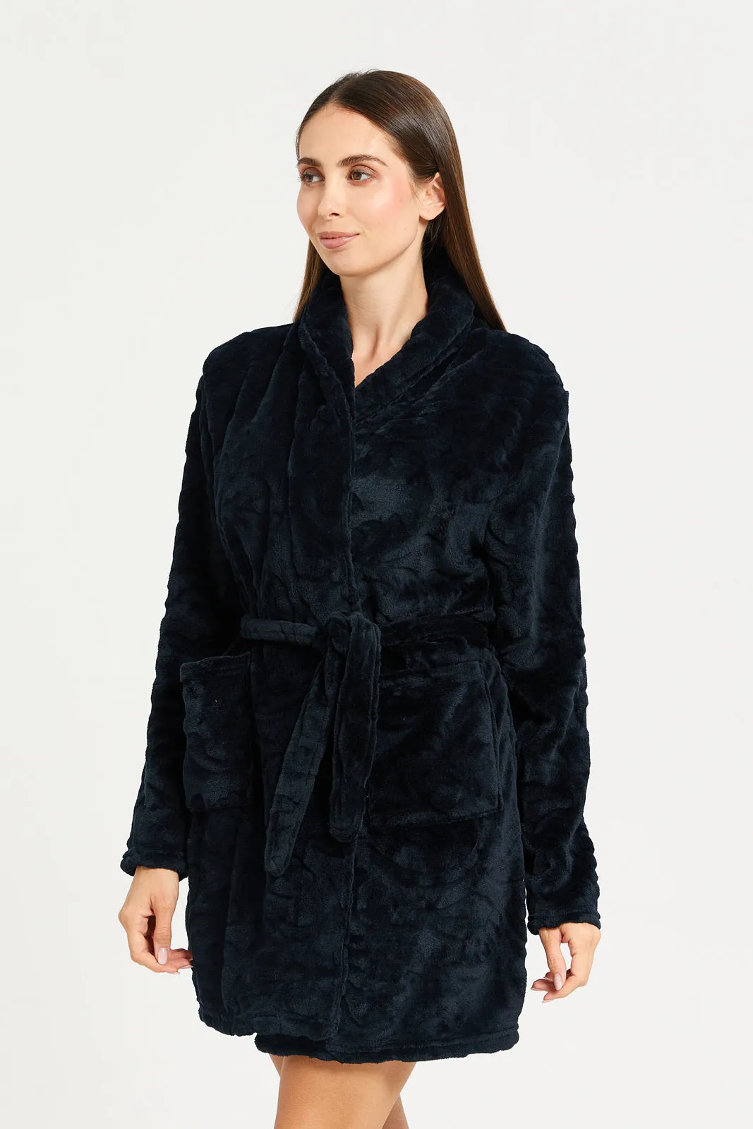 Women Black Jacquard Fur Robe With Drawstring Waist sold by Redtag