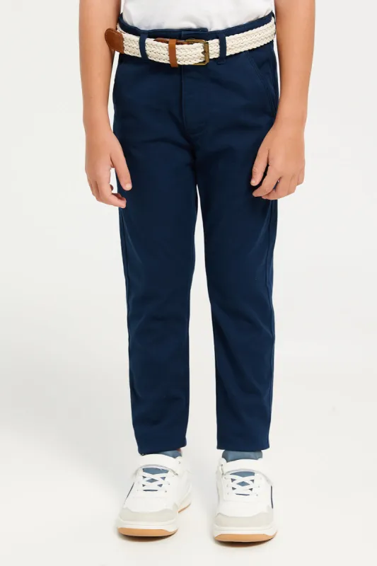 Boys Navy Dobby Fabric Belted Trouser sold by Redtag