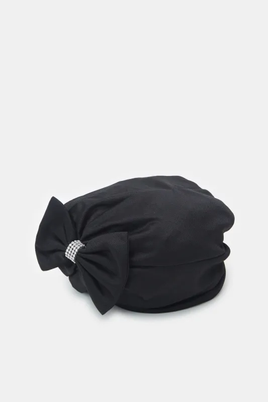 Women Black Bow Trim Modest Cap sold by Redtag