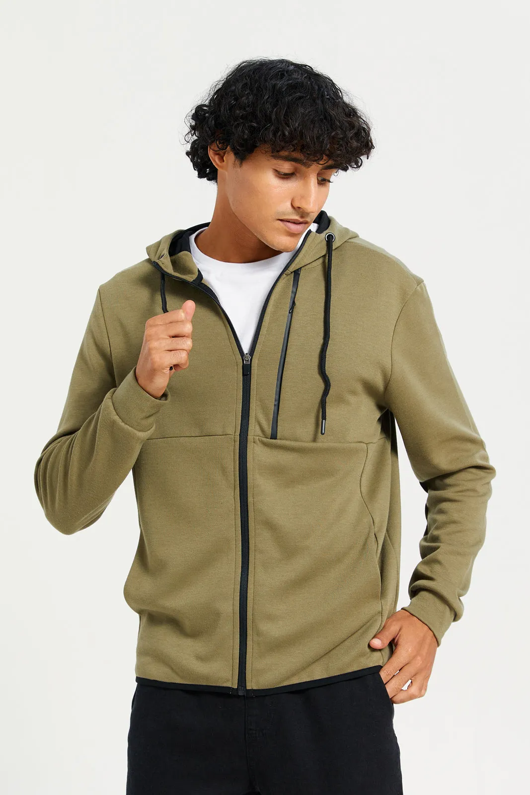 Men Green Zip-Through Hooded sweatshirt sold by Redtag