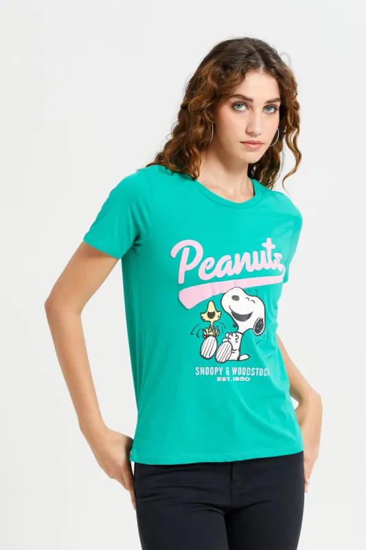 Women Green Peanuts Embroidered T-Shirt sold by Redtag