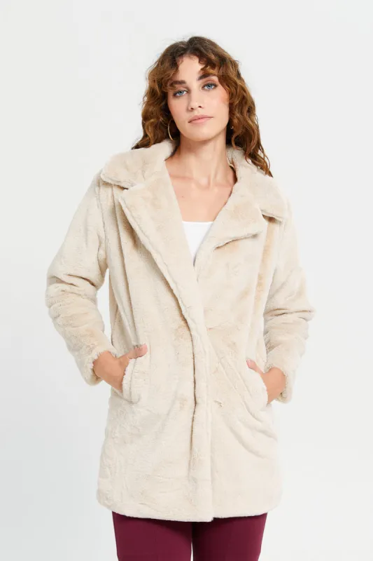 Women Beige Faux Fur Coat sold by Redtag