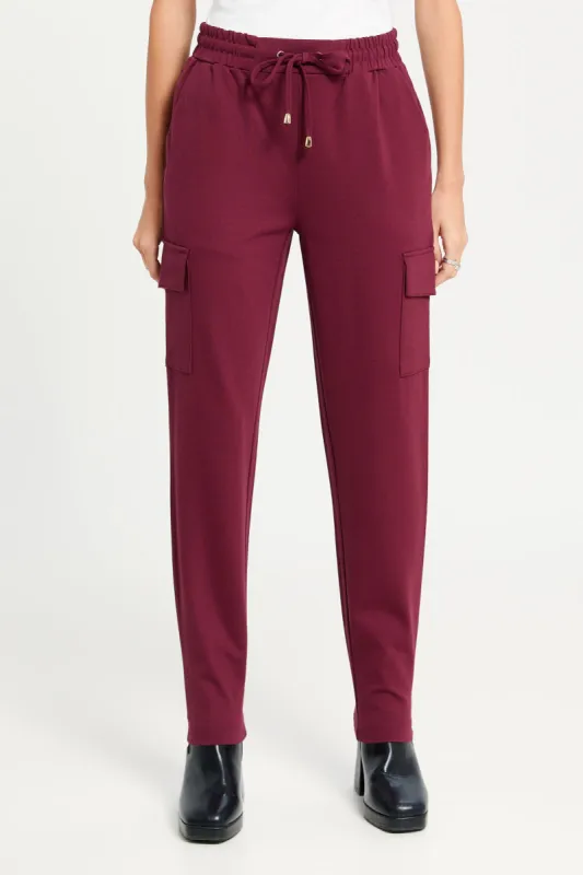 Women Burgundy Elasticated Waist Leggings sold by Redtag