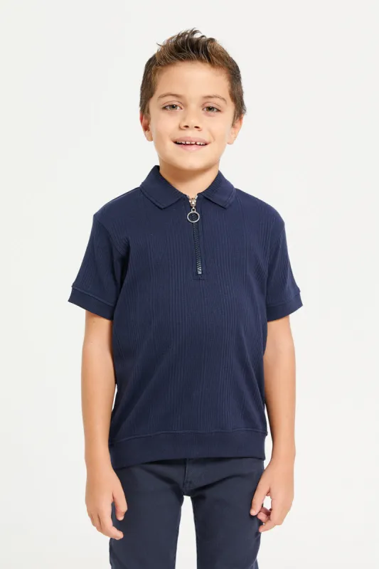 Boys Navy Plain Zip Placket Polo T-Shirt sold by Redtag