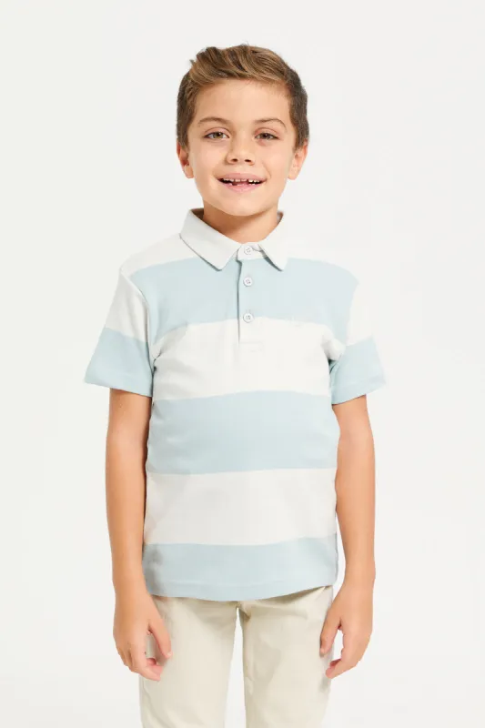 Boys White And Blue Stripe Polo T-Shirt sold by Redtag
