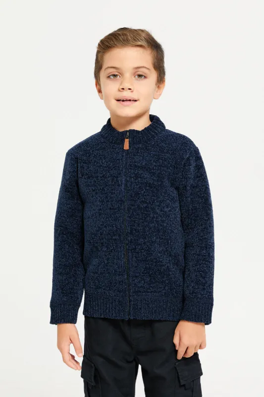 Boys Navy  Zip Thru Chenille Cardigan sold by Redtag