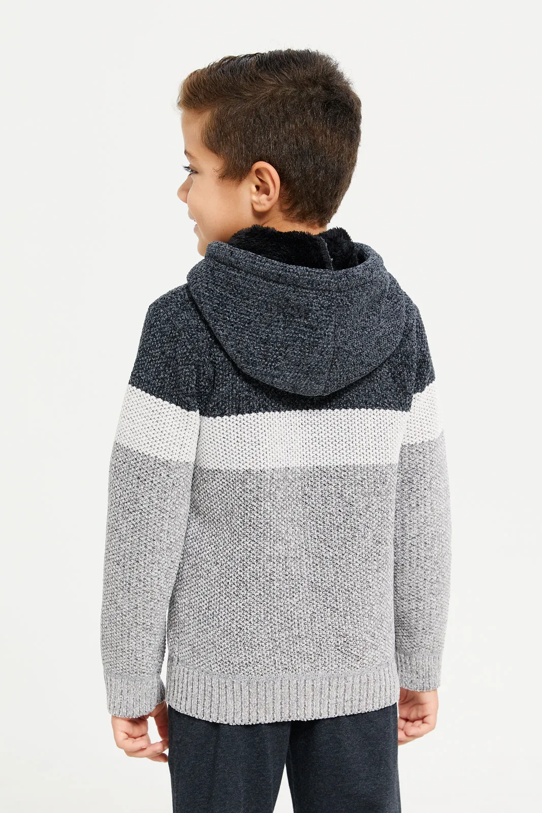 Boys Charcoal Zip Thru Hooded Chenille Cardigan sold by Redtag product image thumbnail 3