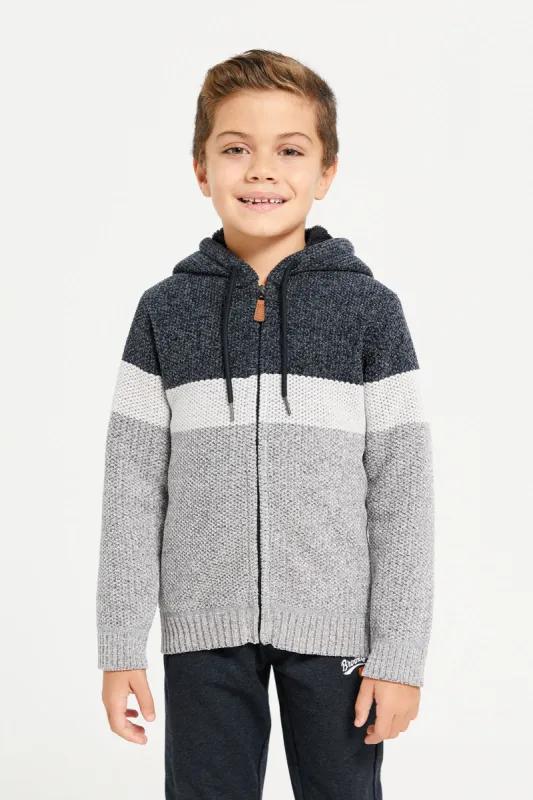 Boys Charcoal Zip Thru Hooded Chenille Cardigan sold by Redtag