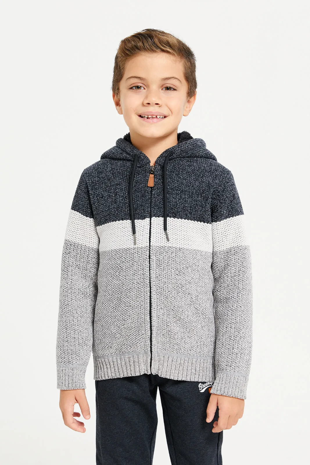 Boys Charcoal Zip Thru Hooded Chenille Cardigan sold by Redtag