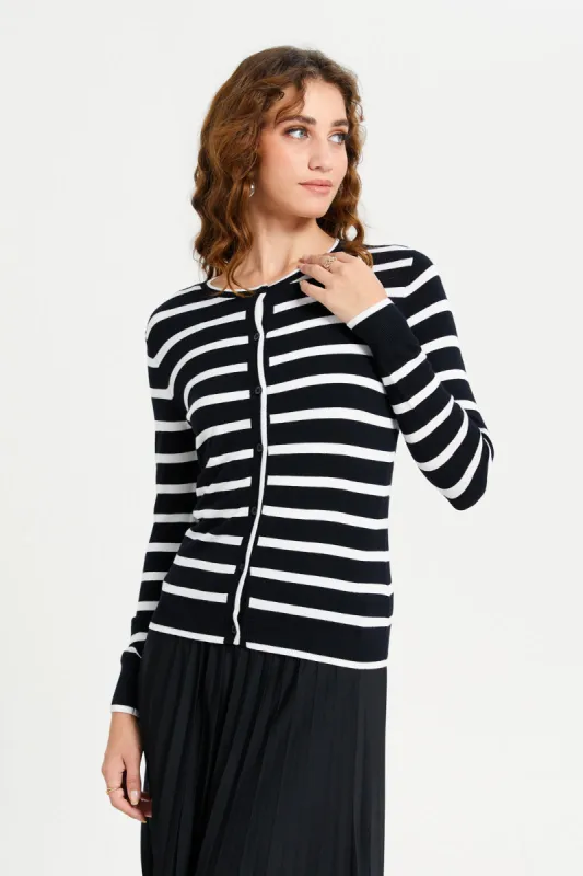 Women White And Black Striped Cardigan sold by Redtag