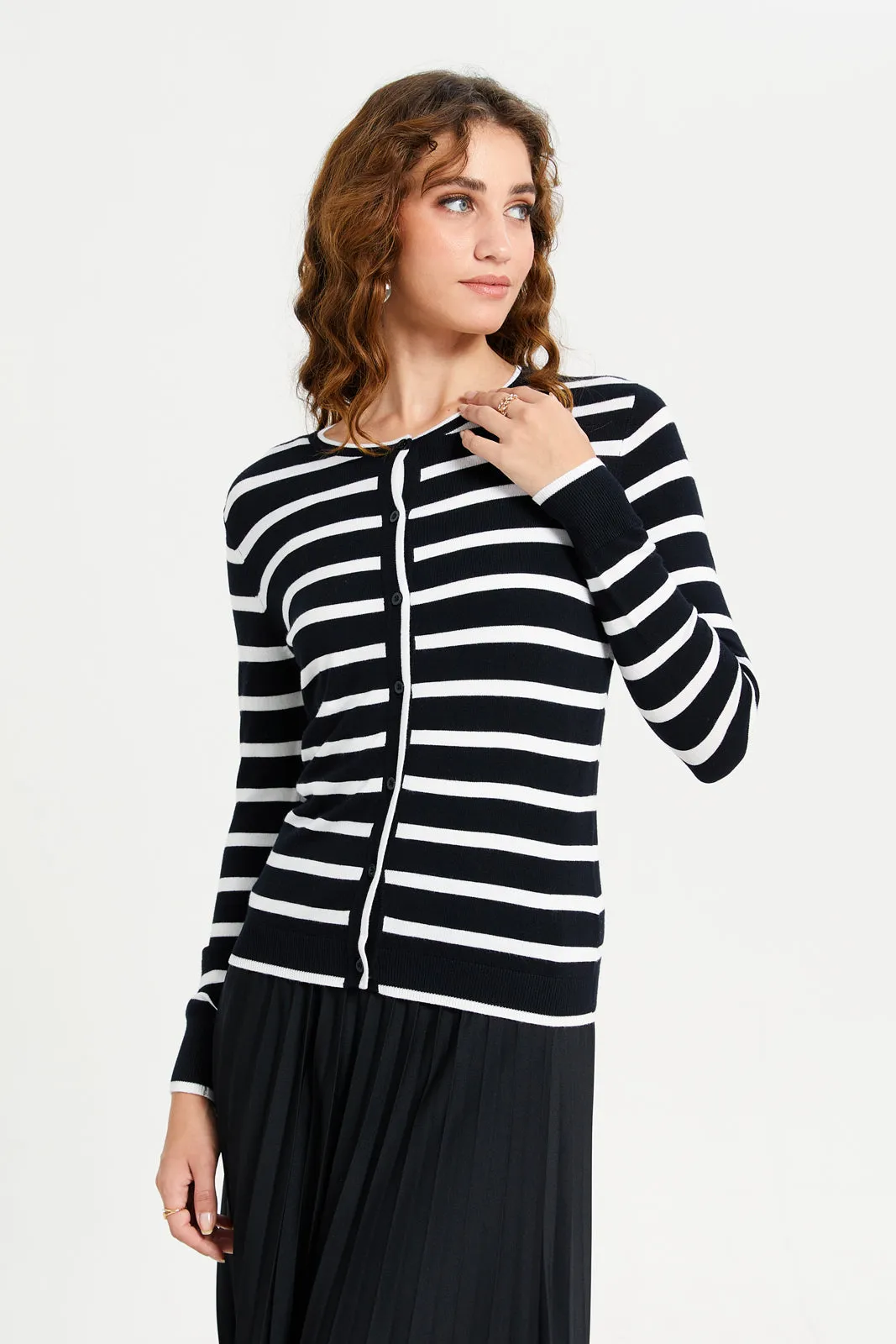 Women White And Black Striped Cardigan sold by Redtag