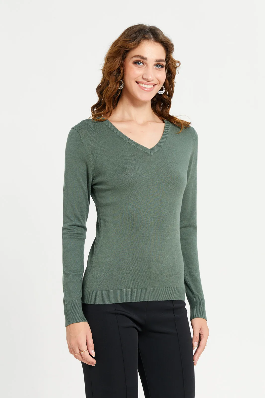 Women Olive V-Neck Pullover sold by Redtag