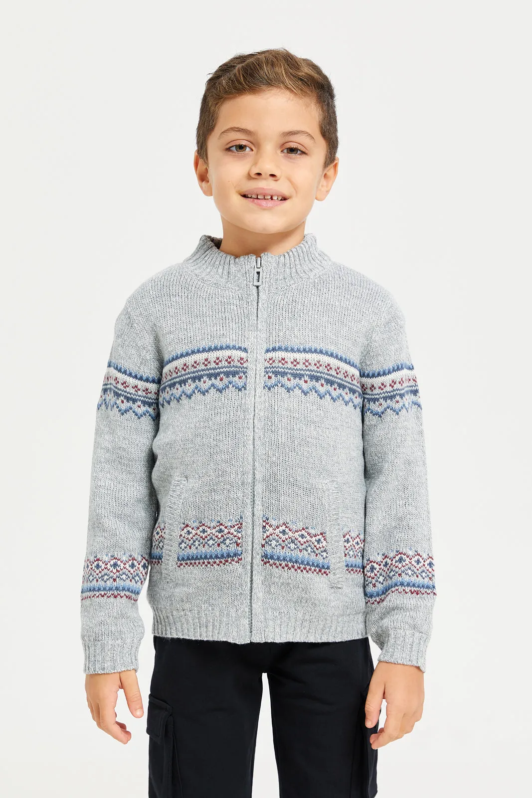 Boys Grey Zip Thru Chenille Cardigan sold by Redtag