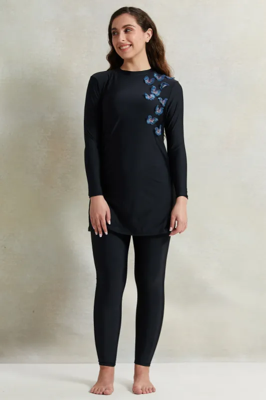 Women Black Butterfly Trim Burkini Set (2 Piece) sold by Redtag