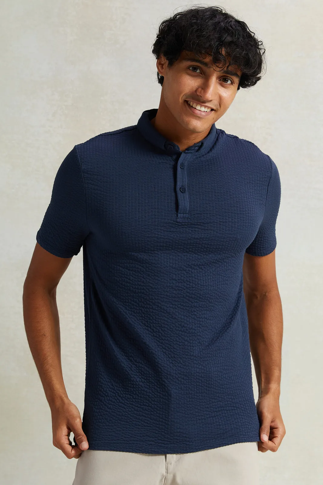 Men Navy Jacquard Polo Shirt sold by Redtag