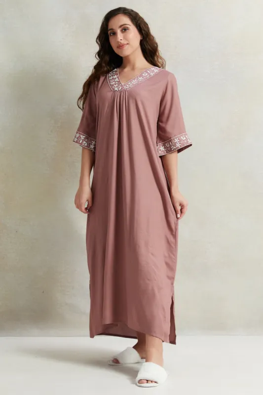 Women Pink  Embroidery Kaftan Nightgown sold by Redtag