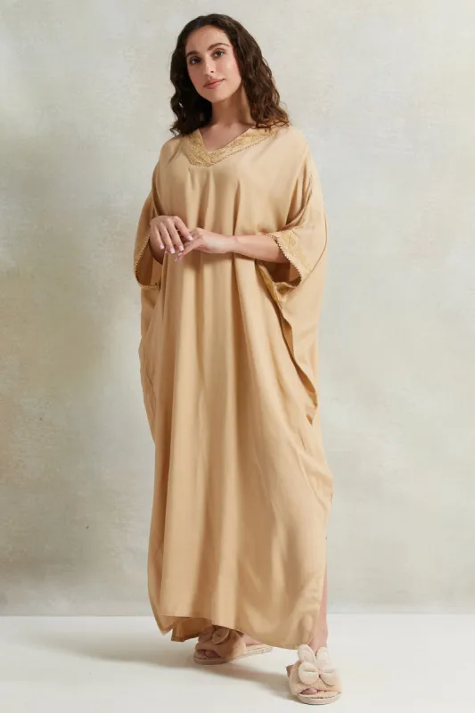 Women Beige Embroidery Kaftan Nightgown sold by Redtag