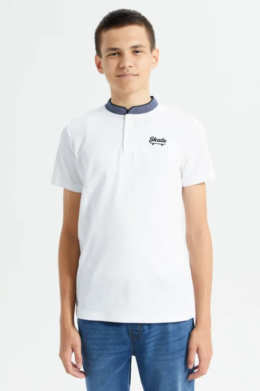 Senior Boys White Mandarin Collar Polo Shirt sold by Redtag