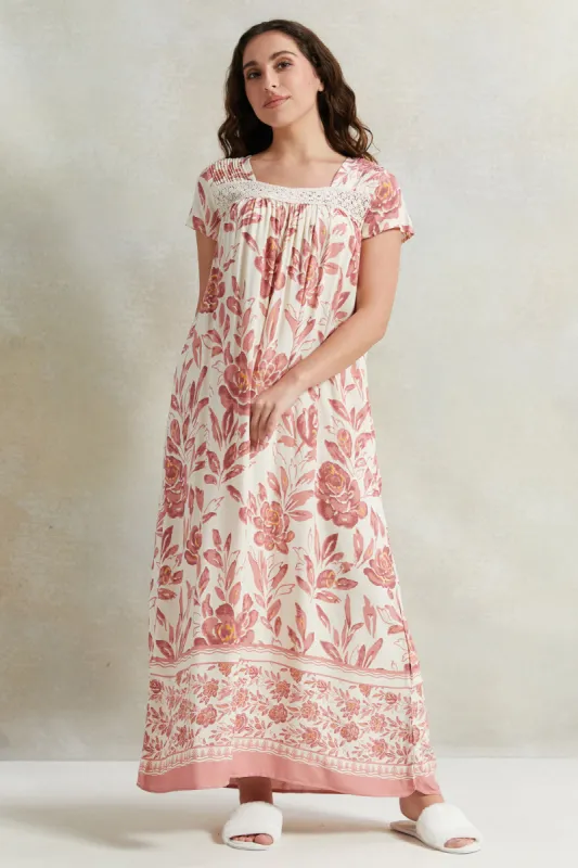 Women Pink Lace Short Sleeved Nightgown sold by Redtag