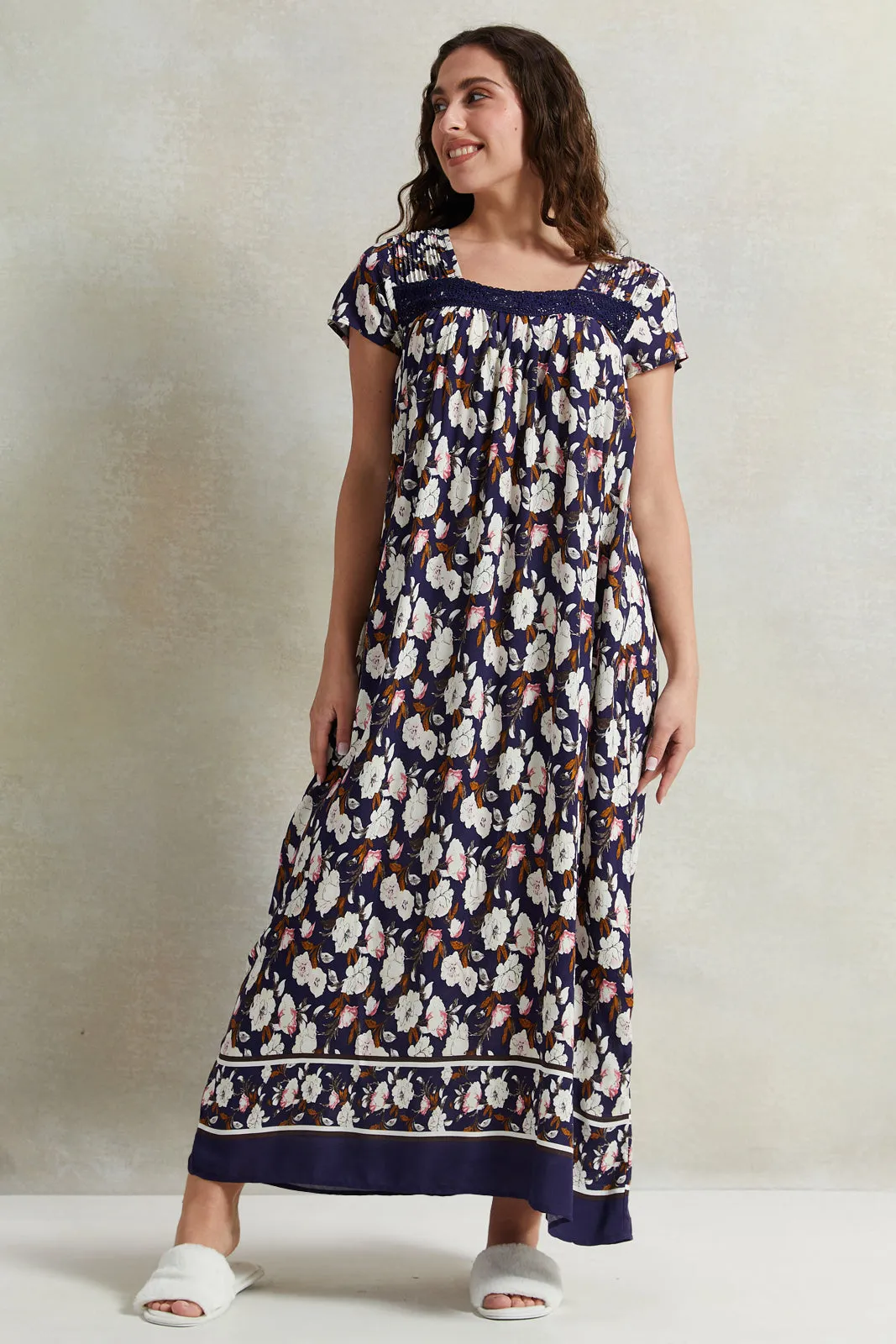 Women Navy Lace Short Sleeves Nightgown sold by Redtag