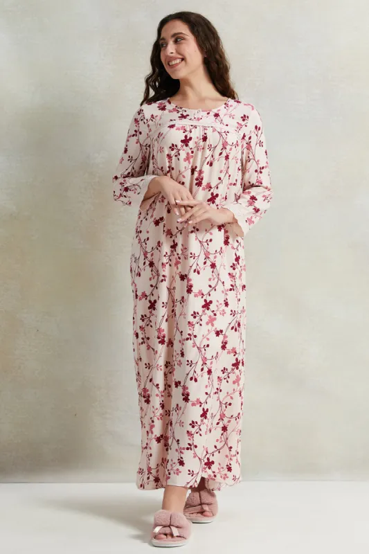 Women White And Red Printed Long Sleeves Nightgown sold by Redtag