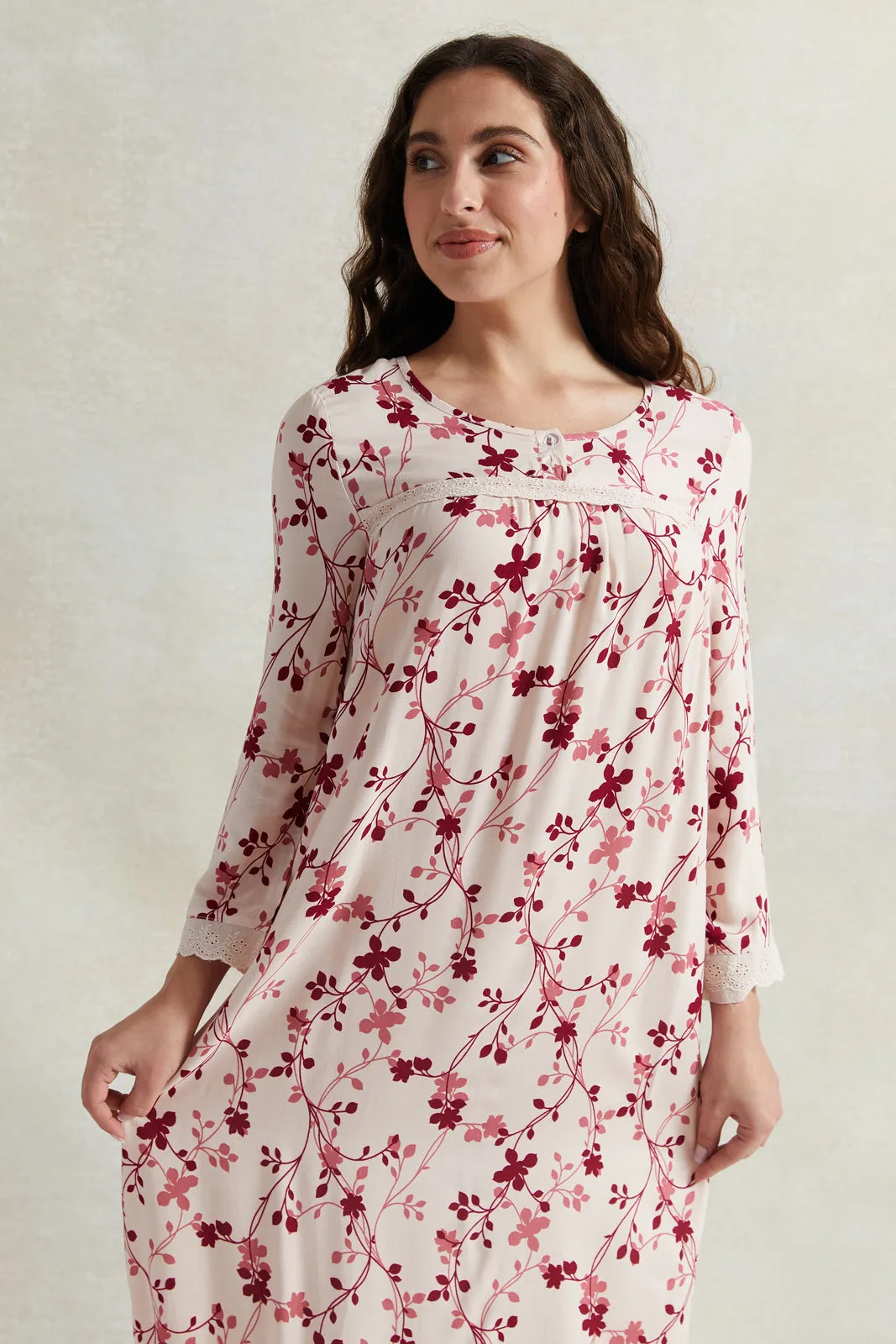 Women White And Red Printed Long Sleeves Nightgown sold by Redtag product image thumbnail 2