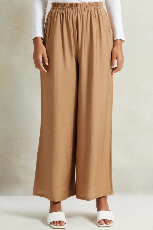 Women Beige Wide Leg Elasticated Waist Trousers sold by Redtag