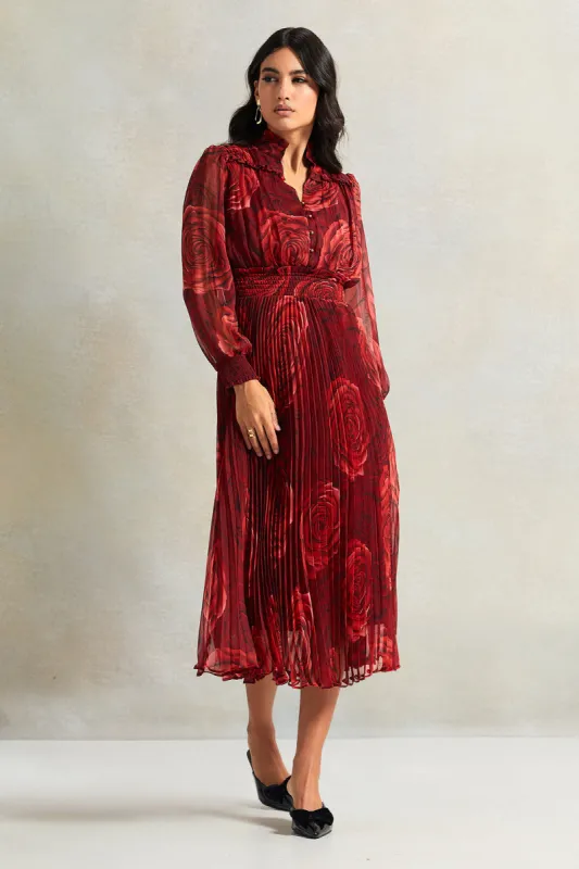 Women Red Rose Floral Pleated Dress sold by Redtag