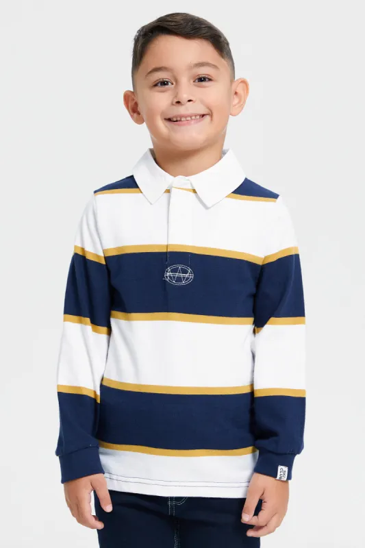 Boys Navy Striped Polo Shirt sold by Redtag