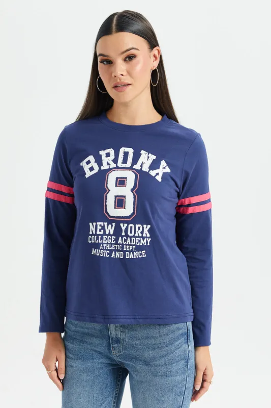 Women Navy Printed Long Sleeves T-Shirt sold by Redtag